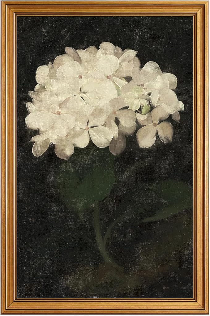 HUARCEY Gold Framed Vintage Wall Art for Living Room, Flowers Painting Canvas Prints Shelf Decor for Kitchen, Aesthetic Bedroom Wall Art, Christmas Gifts for Friends Family (White Hydrangea 16"x24")