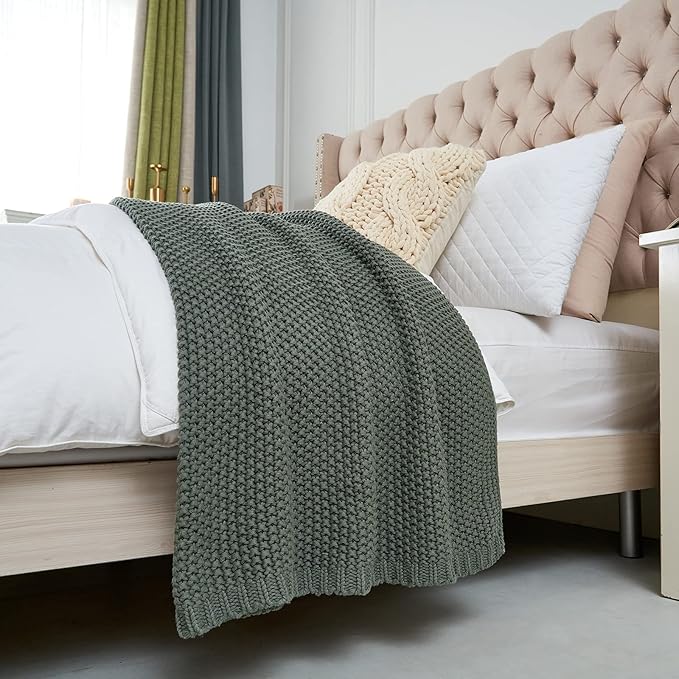 Longhui bedding Chunky Cable Knit Throw Blanket Lightweight Grey 100% Organic Cotton Blanket for Sofa Couch Bed Baby Nursery, Rustic Shabby Chic Modern Farmhouse, Gray 51” x 63” Give Laundering Bag