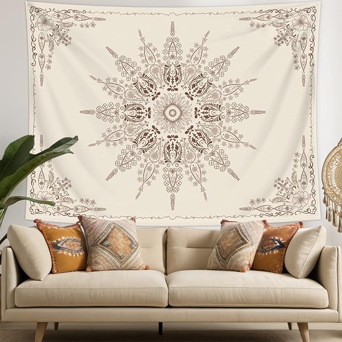 FORATER Floral Bohemian Tapestry, Flower Aesthetic Tapestry Indian Wall Hanging Boho Tapestries Mandala Room Decor for Bedroom Living Room Dorm (Flaxen, 61L x 53W)