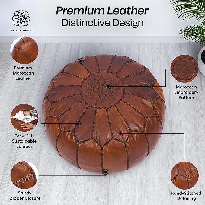 Handmade Moroccan Genuine Leather Pouf Ottoman Cover – Unstuffed Foot Stool Ottoman, Boho Foot Rest Under Desk, Round Ottoman for Living Room, Bedroom - Housewarming Gifts New Home, Weddings Gifts