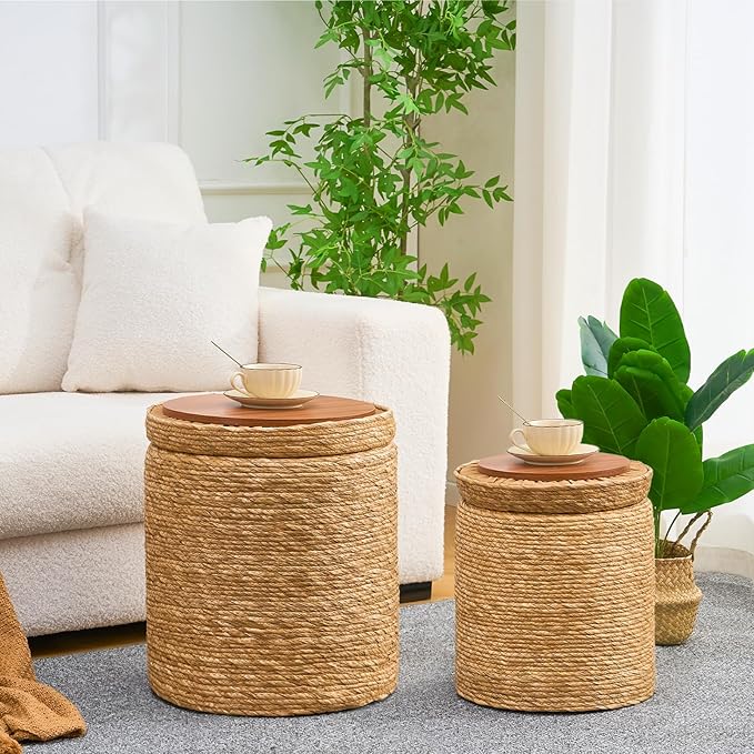 Wimarsbon Storage Pouf Ottoman, Hand Weaving Natural Straw Foot Stool, Bohemian Round Patio Ottomans, Rustic Lounge Pouffe, Outdoor Extra Seat for Garden (Nested Set-Natural)