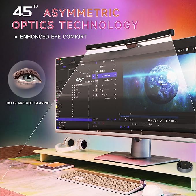 ONWAY Curved Monitor Light Bar with Wireless Remote,Monitor Light Bar with Auto-Dimming and Camera Base,Applicable to All Screens. No Screen Glare,for (RGB)