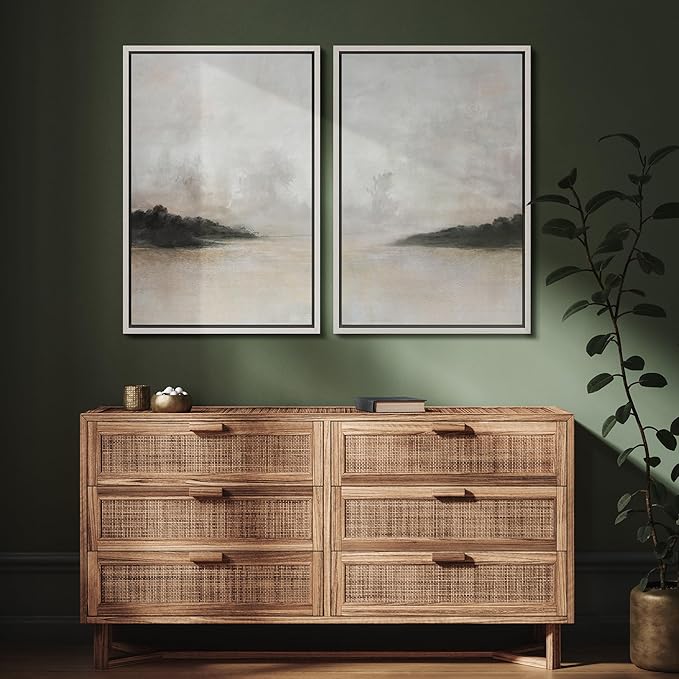 SIGNFORD Framed Canvas Print Wall Art Set Misty Horizon Soft Neutral Toned Landscape Illustration Modern Art Decorative Nordic Nature for Living Room, Bedroom, Office - 16"x24"x2 White