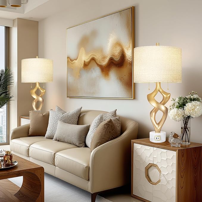 Scenekoy Sculptural Resin Table Lamp Set of 2 with USB Ports for Bedroom Living Room, 31” Big Gold Leaf Marble Base Bedside Lamps, Pull Chains Switch Modern Nightstand Lamp for Home Room Decor