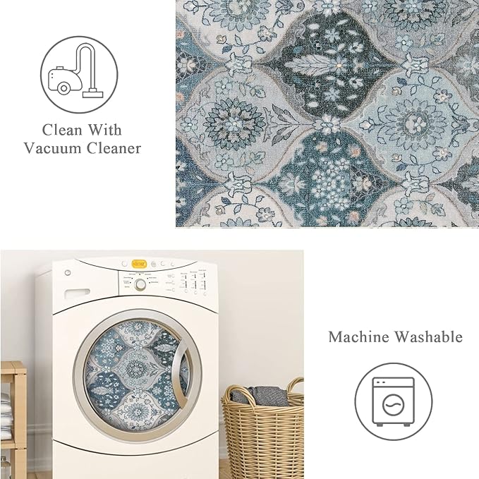 Lahome Moroccan Trellis Washable Rugs, 3x5 Area Rug for Bedroom Living Room, Indoor Non-Slip Small Oriental Accent Throw Carpet for Kitchen Entryway Bathroom Office, Blue