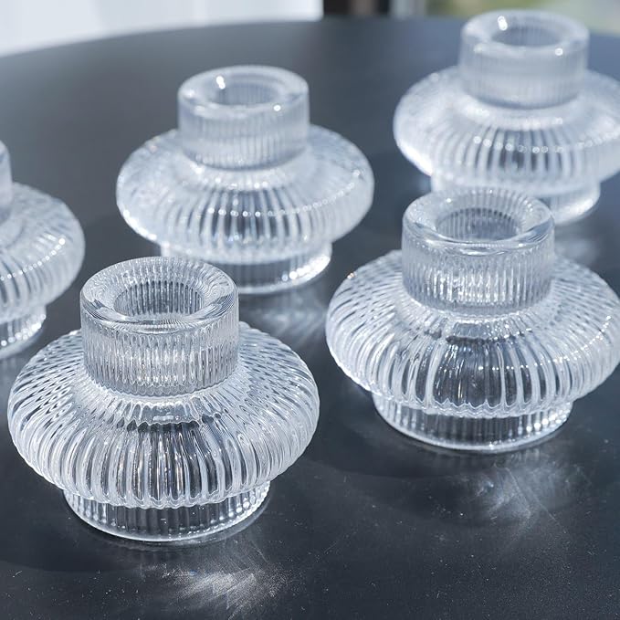 VOHO 12pcs Taper Candle Holders Ribbed Glass, Stylish Boho Candle Holder Stackable and Reversible for Candlesticks & Votive Candles, Clear Candle Sticks Holder Decor for Dining Table Centerpiece