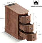 Nightstand Set of 2 with Charging Station, Vintage Wood End Table with 3 Drawer, Victoria Narrow Side Table, Slim Bedside Tables for Bedroom, Pre-Installation, Brown