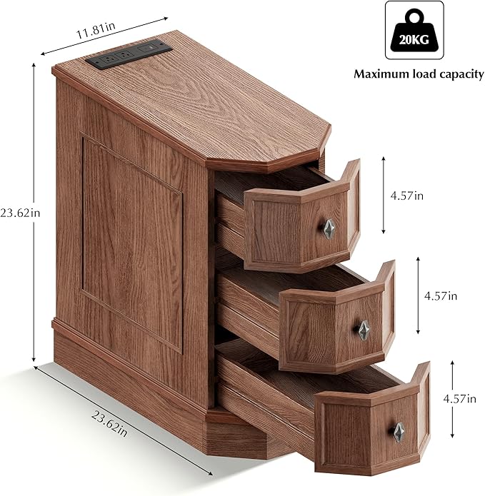 Nightstand with Charging Station, Vintage Wood End Table with 3 Drawer, Victoria Narrow Side Table, Slim Bedside Tables for Bedroom, Pre-Installation, Brown