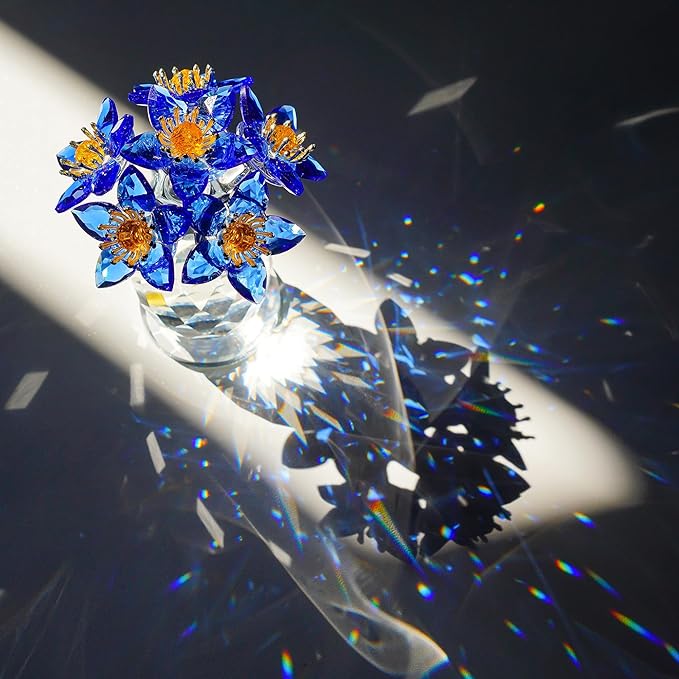Blue Crystal Flower Figurine Collectibles Crystal Flower Christmas Ornament for Home Decor Table Centerpiece Glass Bouquet Flowers Keepsake for Women