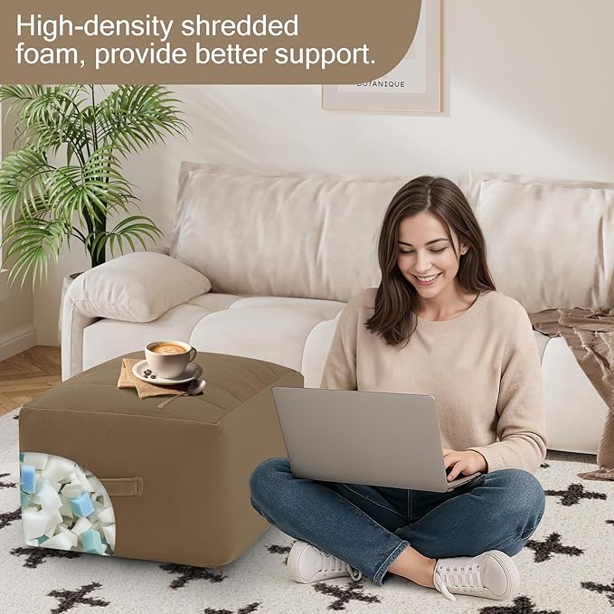 MeMoreCool Square Stuffed Pouf Ottoman Foot Rest, Floor Pouf Foot Stool with Foam Chunk Filling, Soft Stuffed Ottoman Footrest for Living Room, Light Coffee