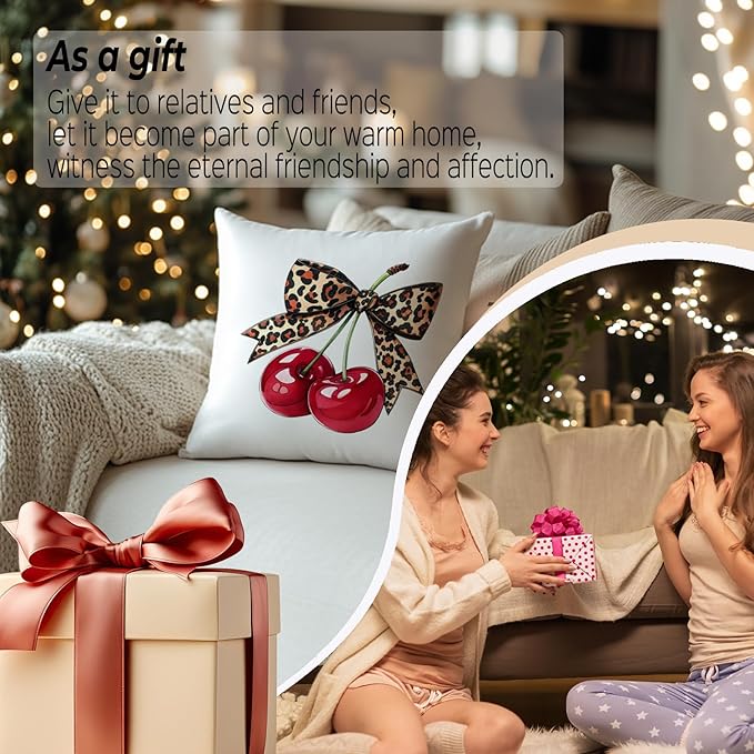 Coquette Leopard Bow Cherry Pillow Covers 18x18, Coquette Cheetah Print Room Decor, Preppy Girly Trendy Leopard Ribbon Cherry Decorative Throw Pillow Covers for Girls Dorm Apartment