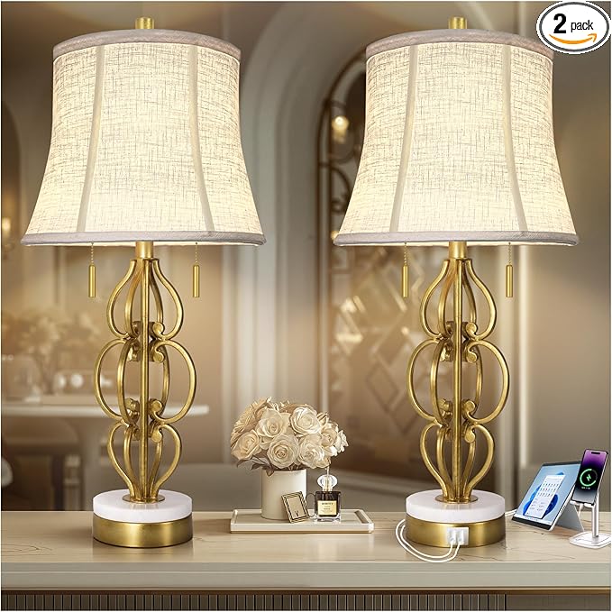 Scenekoy Table Lamp Set of 2 with USB Ports, Pull Chains Switch, 28” Gold Leaf Curved Iron Art Bedside Lamps with Linen Shade for Living Room Bedroom, Nightstand Lamps for Home Room Decor