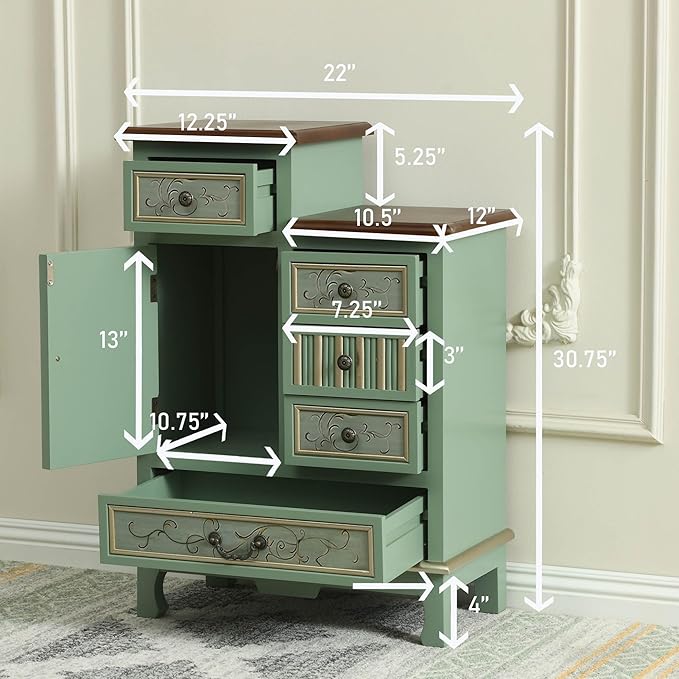 Vintage Accent Chest with 5-Drawers and Door Carved Wood Storage Cabinet Modern Dresser for Living Room, Entryway, Hallway, Sage Green