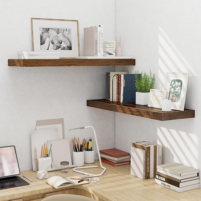 Fun Memories Floating Shelves for Wall 36 Inches, Wood Shelves with Invisible Bracket, 10" Deep Shelves Wall Mounted, Large Floating Shelves for Living Room Bathroom, Rustic Brown, Set of 2