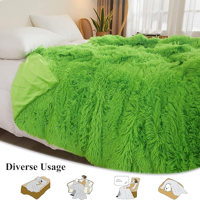 XeGe Luxury Faux Fur Blanket, Lime Green Soft Big Fluffy Throw, Shaggy Plush Decorative Couch Blanket, Cute Furry Fuzzy Bed Throw for Bedroom Living Room, Lime Green, 60x90
