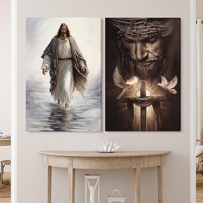Fantasy Artists Framed Jesus Christ Canvas Wall Art The Cross and Peace Dove Christian Painting Prints Biblical Wall Decor Religious Room Decor for Church Prayer Room Schools Hospitals 24'' x 36''