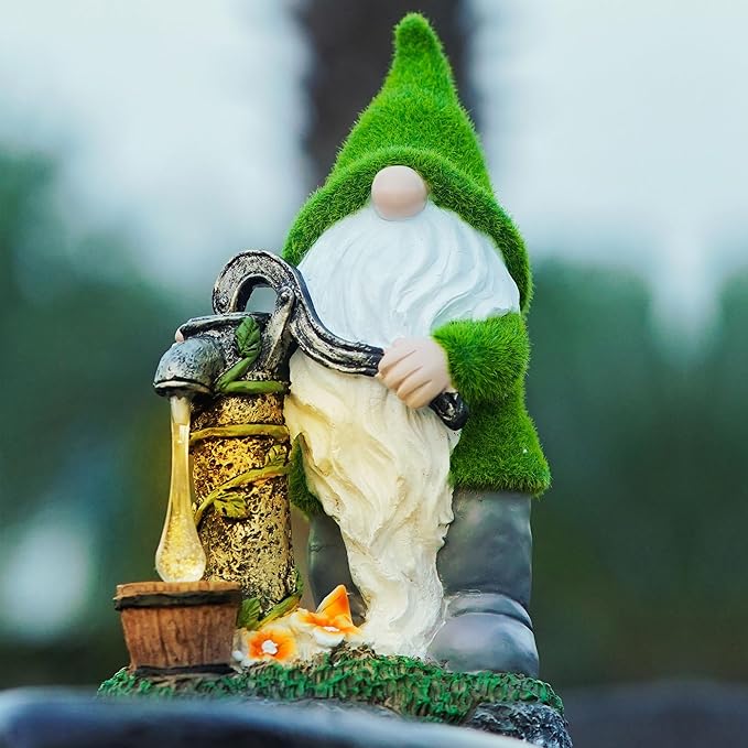Water Pump Gnome Decorations for Yard/Lawn Outdoors Decor – Weatherproof Garden Statue – Fun Spring Summer Charming Gnomes Gifts for Women (Forest Green) and Home.