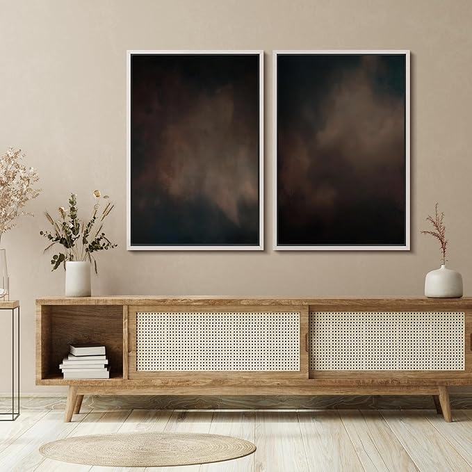 SIGNFORD Framed Canvas Print Wall Art Set Moody Dark Abstract Earth Tones Illustration Modern Art Decorative Nordic Nature for Living Room, Bedroom, Office - 16"x24"x2 White