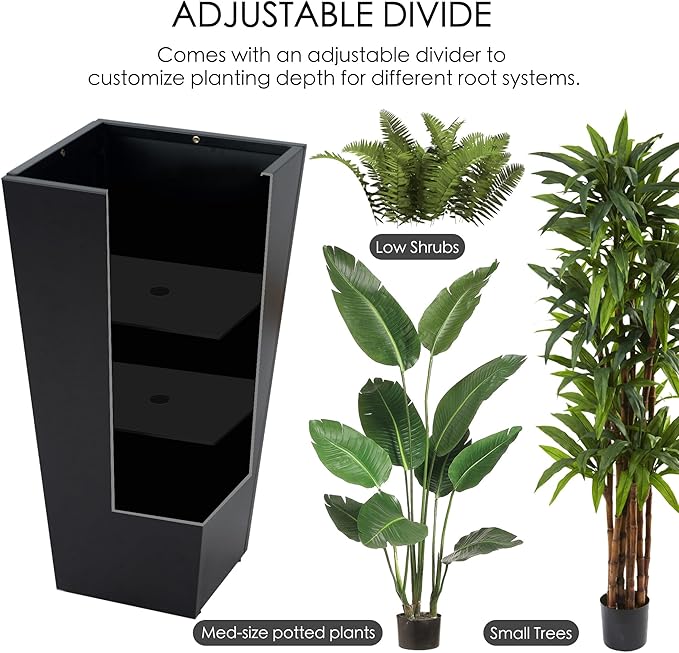 Kozyard 15.4" x 15.4" x 30" Tall Taper Black Metal Planter Flower Plant Pot Indoor Outdoor Planters Steel Flower Pot All-Weather Use with 2 Partition Panels for for Trees, Plants Flowers