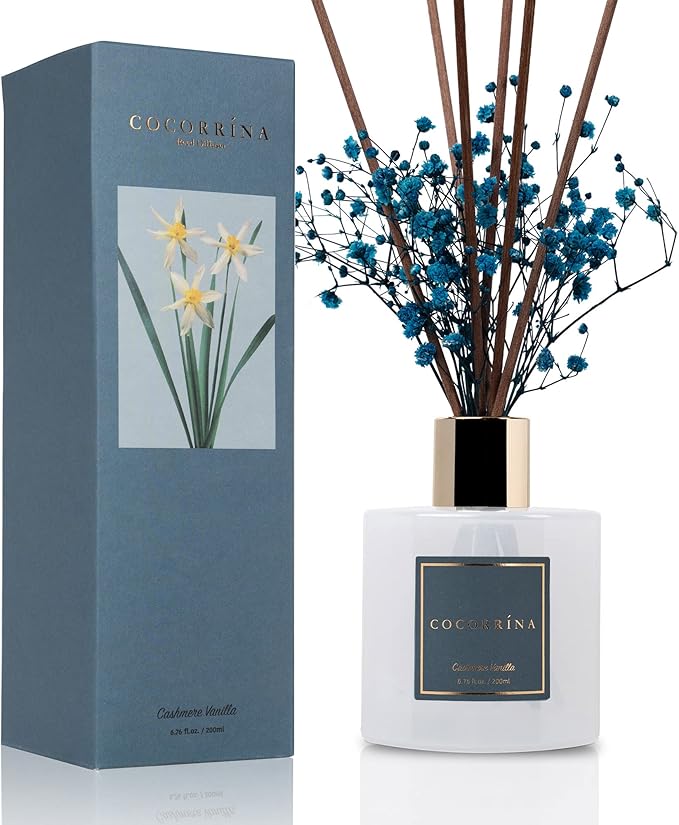 Cocorrína Premium Reed Diffuser Set with Preserved Baby's Breath & Cotton Stick Cashmere Vanilla | 6.7 fl oz Scent Fragrance Oil Diffuser for Bedroom Bathroom Home Décor