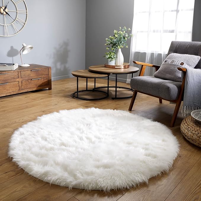 Latepis White Round Rug 6.7 ft, Faux Fur Sheepskin Circle Rug for Living Room, Fluffy Washable Rug for Bedroom, Teen Room, Dorm, Cute Room Décor