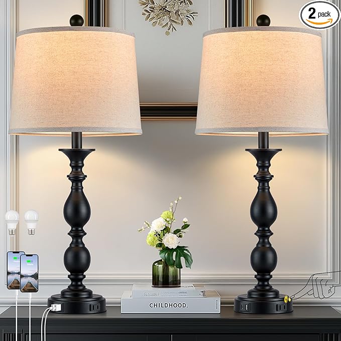 28" Tall Modern Table Lamps Set of 2 with USB C+A Ports and AC Outlet, 3 Way Touch Metal Bedside Lamps for Living Room, Black Farmhouse Nightstand Lamps for Bedroom
