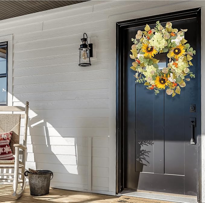 20IN Sunflower Wreath for Front Door Summer Hydrangea Wreath with Eucalyptus Leaves Orange Berries Farmhouse Door Decor for Easter, Mother’s Day, Indoor Outdoor Seasonal Wall Hanging