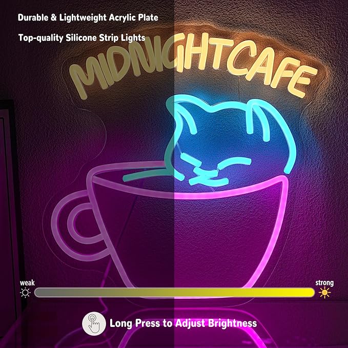 Midnight Cafe Neon Sign for Wall Decor Cat Neon Light Coffee Led Neon Signs Colorful LED Neon Light for Coffee Shop Dessert Shop Bakery Cafe Dcoration