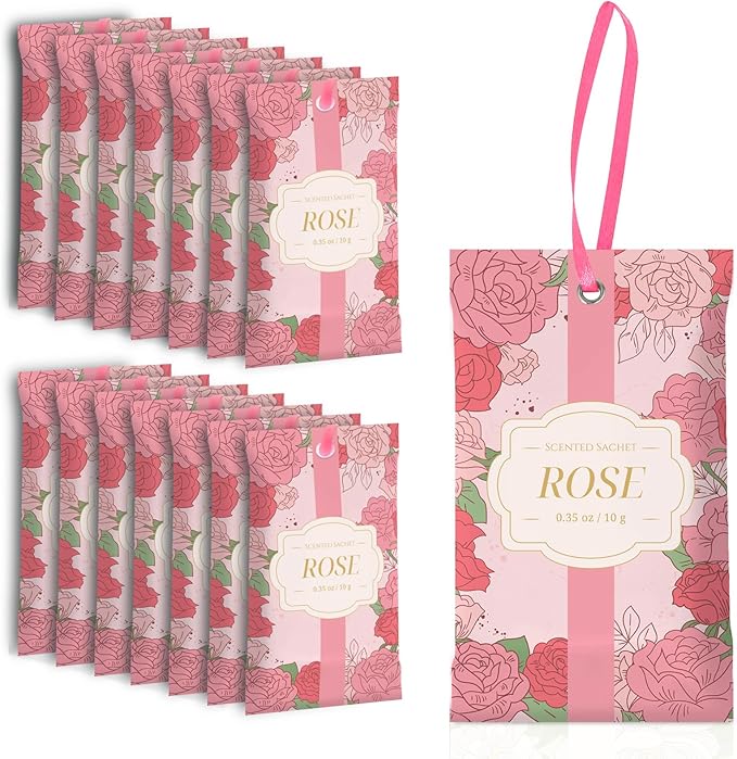 SCENTORINI Scented Sachets for Drawers and Closets, Rose Scent 14 Pack, Long-Lasting Sachets Bags Wardrobe Freshener, for Drawers, Closets, Cars