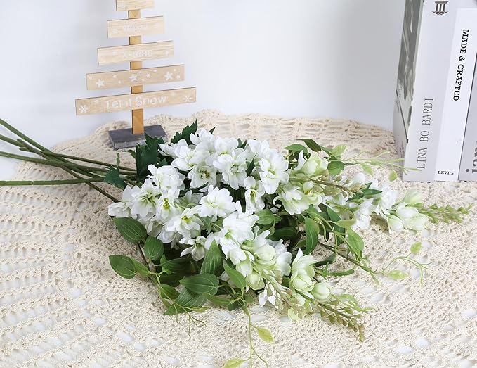 8PCS White Artificial Delphinium Flowers with Clematis Greenery Long Stem Flowers 29.5" Larkspur Artificial Flowers for Wedding Centerpieces Silk Flowers for Home Decor Indoor (White)