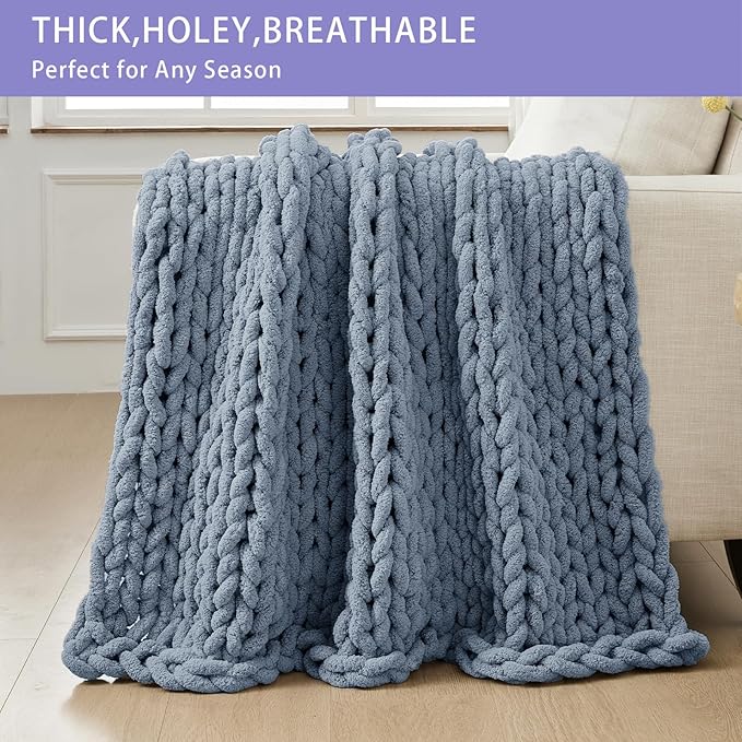 Bigacogo Chunky Knit Throw Blanket for Couch, 40x80 inches, 100% Hand Knitted with Thick Jumbo Chenille Yarn, Cozy Soft Large Rope Knot Cable Crochet Blankets for Sofa Bed Living Room, Cold Sea Blue