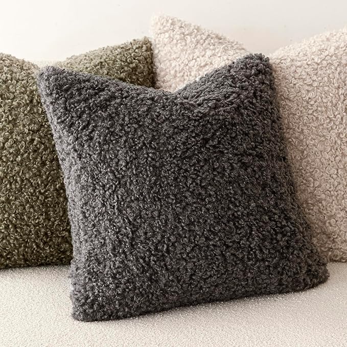 Foindtower 2 Pieces 16x16 Inch Dark Gray, Faux Fur Throw Pillow Cover Accent Sherpa Furry Pillow Covers Fuzzy Soft Pillowcases Cozy Sheepskin Decorative Fleece Cushion Case for Bed Couch Living Room