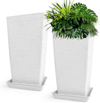 Tall Planters Set Of 2 for Outdoor Indoor Plants,21.3in Large Tapered Plant Pots with Drainage Trays Holes,White Resin Extra-Thick Flower Pots for Outdoor Patio Front Porch Backyard Decor