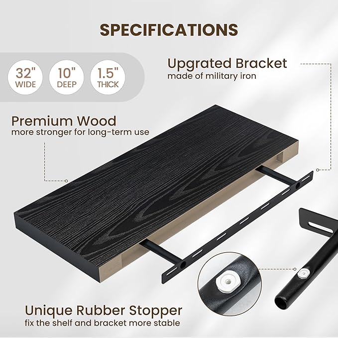 Fun Memories Floating Shelves for Wall, 32 Inch Long Floating Shelves Set of 2, 32 x 10 Wooden Shelves for Wall, Large Storage Shelves, Hanging Shelves for Bathroom Kitchen Bedroom, Black