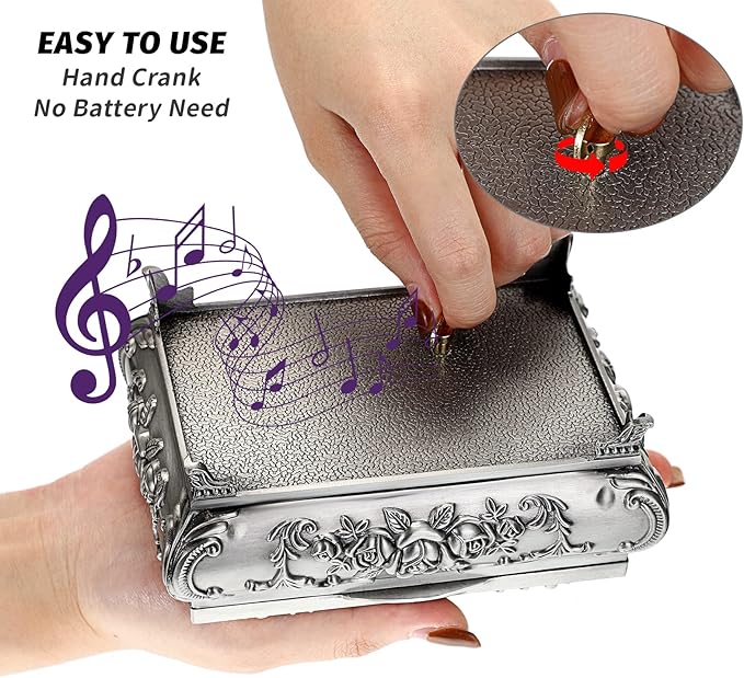ELLDOO Vintage Music Box, Silver Metal Musical Jewelry Box Keepsake Box, Small Trinket Jewelry Storage Box Gift for Girl Women (Tune: You are My Sunshine)