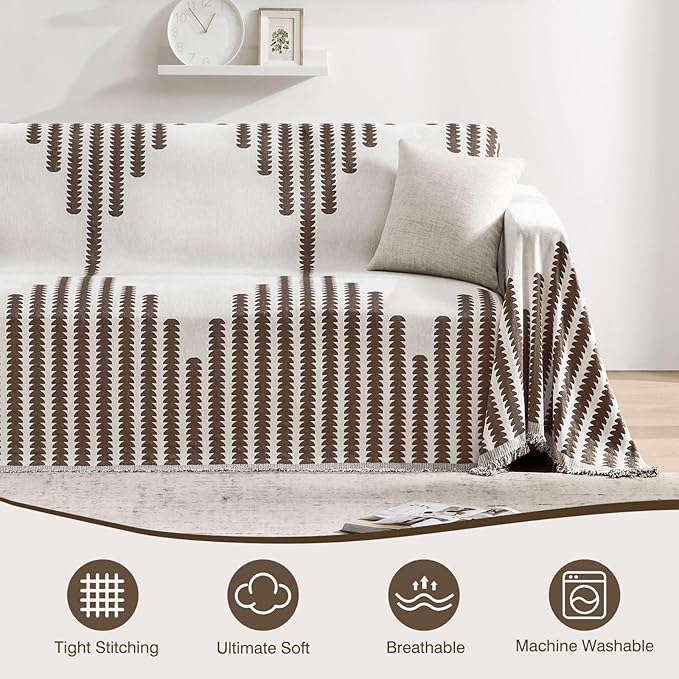 Couch Cover Boho for Dogs Washable Mocha Couch Covers for 2 Cushion Couch, Chenille Sectional Couch Covers L Shape Sofa Cover, Furniture Protector for Kids, Pets, Mocha 91" X118"