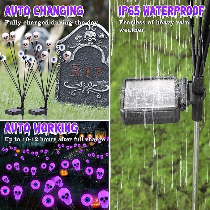 Solar Halloween Lights Outdoor, Scary Eyeball Lights, 4PACK 32LED, IP65 Waterproof, Decor for Garden/Yard/Patio/Lawn/Pathway (Purple)