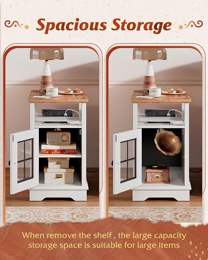 WLIVE Farmhouse End Table with Charging Station, Narrow Side Table for Living Room, Night Stand with Storage , Small Wooden Cabinet with USB Ports and Outlets for Bedroom, 23.62"D x 13.98"W x 23.7"H