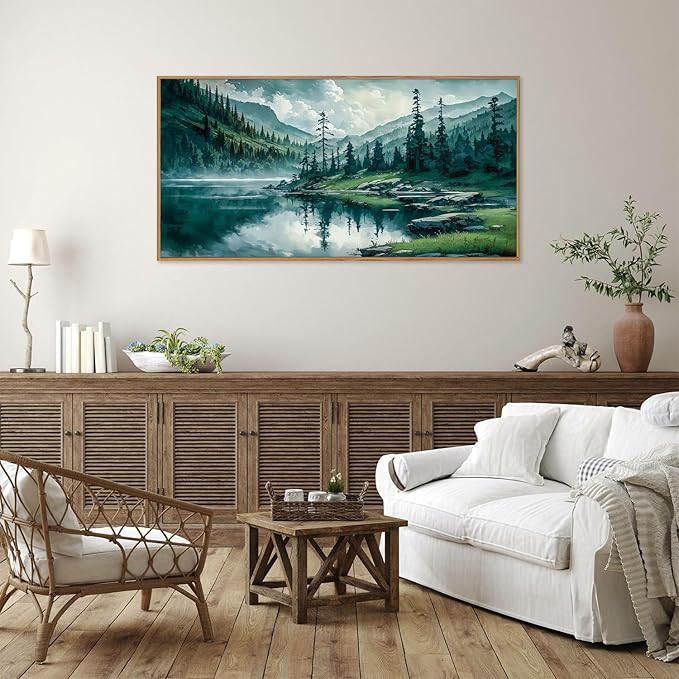 Tinonedraw Large Nature Forest Framed Canvas Wall Art, Boho Mountain Calming Lake Wall Decor, Olive Green Pine Trees Artwork, Northern Wilderness Art Painting for Living Room Bedroom Office 20"x40"