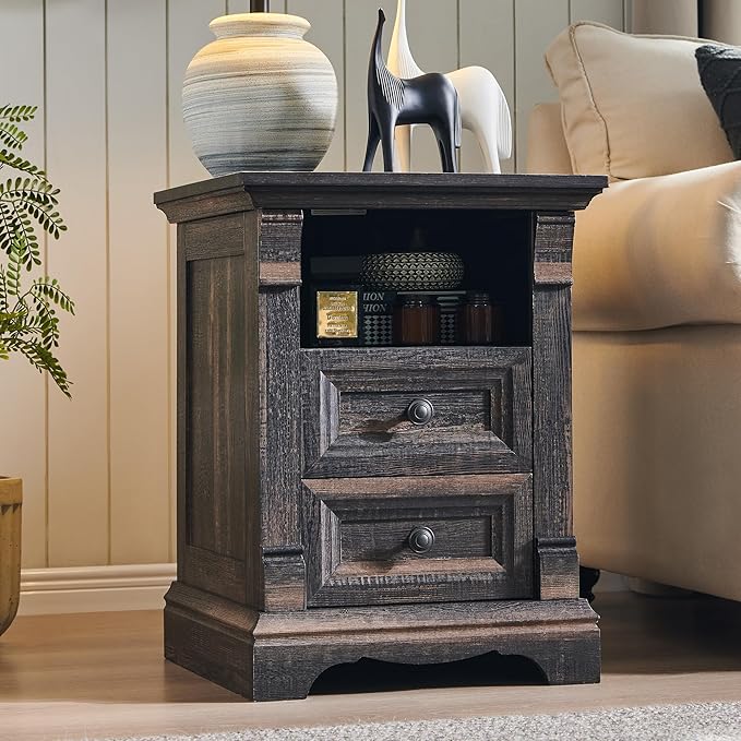 Farmhouse Nightstand with Charging Station, 18" End Table with 2 Drawers Storage and 1 Storage Shelf, Wooden Sofa Side Table w/Roman Column, Bedside Cabinet for Bedroom, Living Room, Dark Rustic Oak