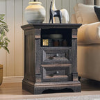 Farmhouse Nightstand with Charging Station, 18" End Table with 2 Drawers Storage and 1 Storage Shelf, Wooden Sofa Side Table w/Roman Column, Bedside Cabinet for Bedroom, Living Room, Dark Rustic Oak