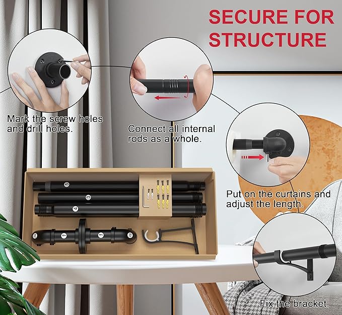 Curtain Rods for Windows 120 to 170, Heavy Duty Industrial Curtain Rods, Black Blackout Curtains Rod, Wrap Around Outdoor curtains rods for patio, 1 Inch Adjustable Drapery Pole 144-170"