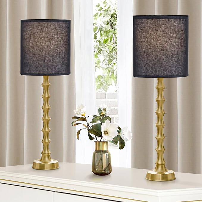 30.5" Gold Table Lamps with Black Shade Set of 2, Golden Buffet Table Lamp for Living Room, Modern Black Gold Lamps Set of 2 Tall Skinny, Tall Golden Bamboo Lamp for Home Office