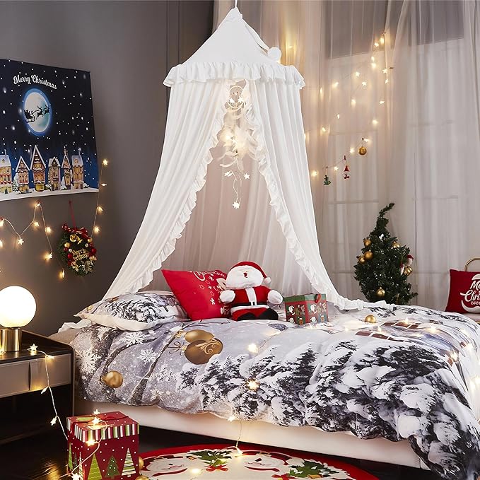 VETHIN Bed Canopy for Girls,Princess Round Dome Dreamy Mosquito Net Bedding Girls Room Castle Play Tent Hanging House Decor Reading Nook Canopies (White)