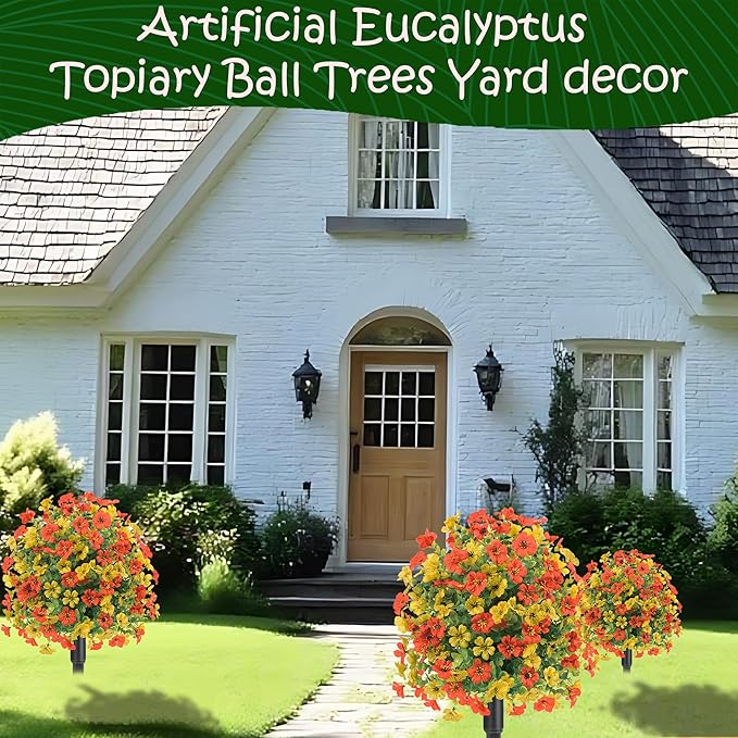 22.8" Set of 2 Fall Artificial Boxwood Topiary Ball with Spikes,UV Resistant Fake Outdoor shrubs with Violet Flowers, Faux Plants Bushes for Garden Front Porch Yard Patio(Yellow+Orange)