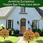 22.8" Set of 2 Fall Artificial Boxwood Topiary Ball with Spikes,UV Resistant Fake Outdoor shrubs with Violet Flowers, Faux Plants Bushes for Garden Front Porch Yard Patio(Yellow+Orange)