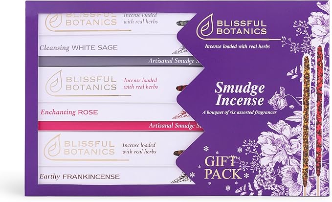 Tulasi Smudge Incense Sticks Gift Pack – 6 Scents x 40g Each – White Sage, Palo Santo, Lavender, Frankincense, Sandalwood, Rose – 48 Natural Herbal Incense for Aromatherapy, Yoga, Meditation