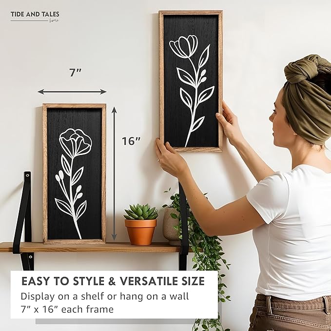 3D Vintage Black Living Room Decor (Set of 2) Lightweight, Wooden Ready-to-Hang Framed Moody Floral Wall Art for Bathroom, Bedroom or Office - Dark Textured Boho Farmhouse Wall Decor - Gift-Boxed