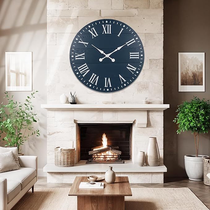 Large Wall Clock with Roman Numeral, 35” Shiplap Wall Clock Farmhouse Nearly Non-Ticking, Round Clock for Living Room Decor, Office, Bedroom, Entrance, Blue