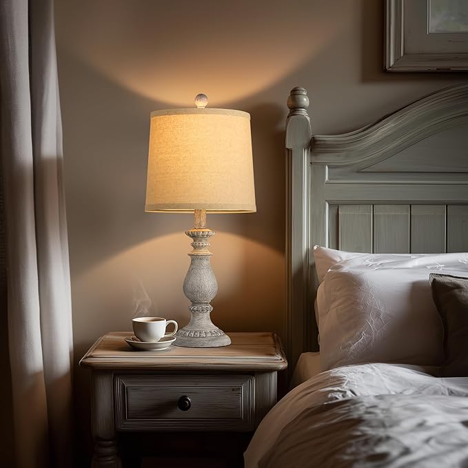 QiMH Farmhouse Table Lamp Set of 2, Rustic Table Lamps for Living Room, Vintage Nightstand Lamp with Rotary Switch, Beside Lamps for Bedroom, Traditional Table Lamps with Linen Shade, Antique Grey